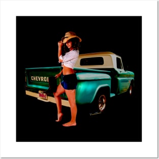 Green Pickup and the Cowgirl in Shorts Posters and Art